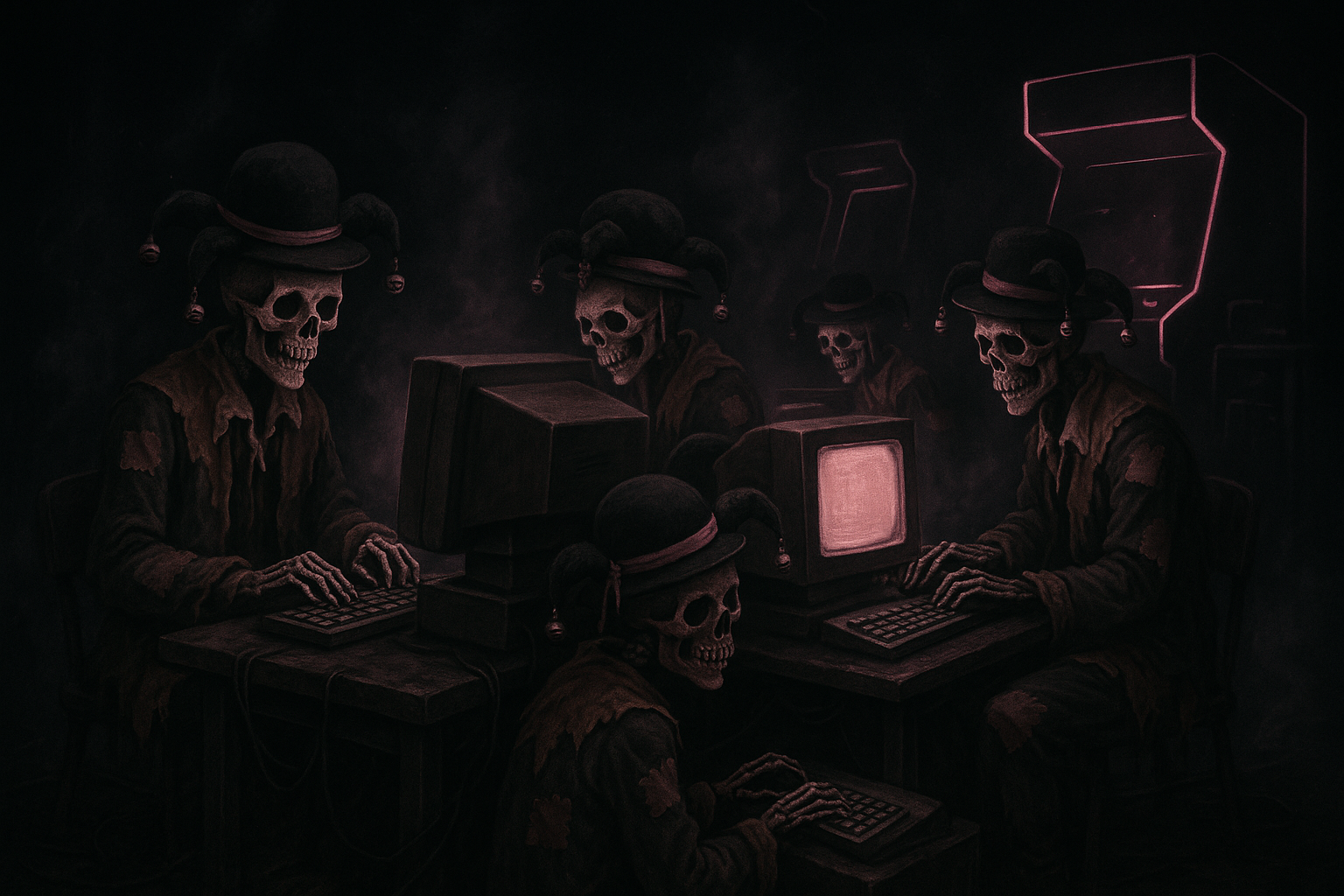 mostly black background with light pink accents of a country skeleton jesters with bowler jester hats programming computer games in a smokey abandoned game room
