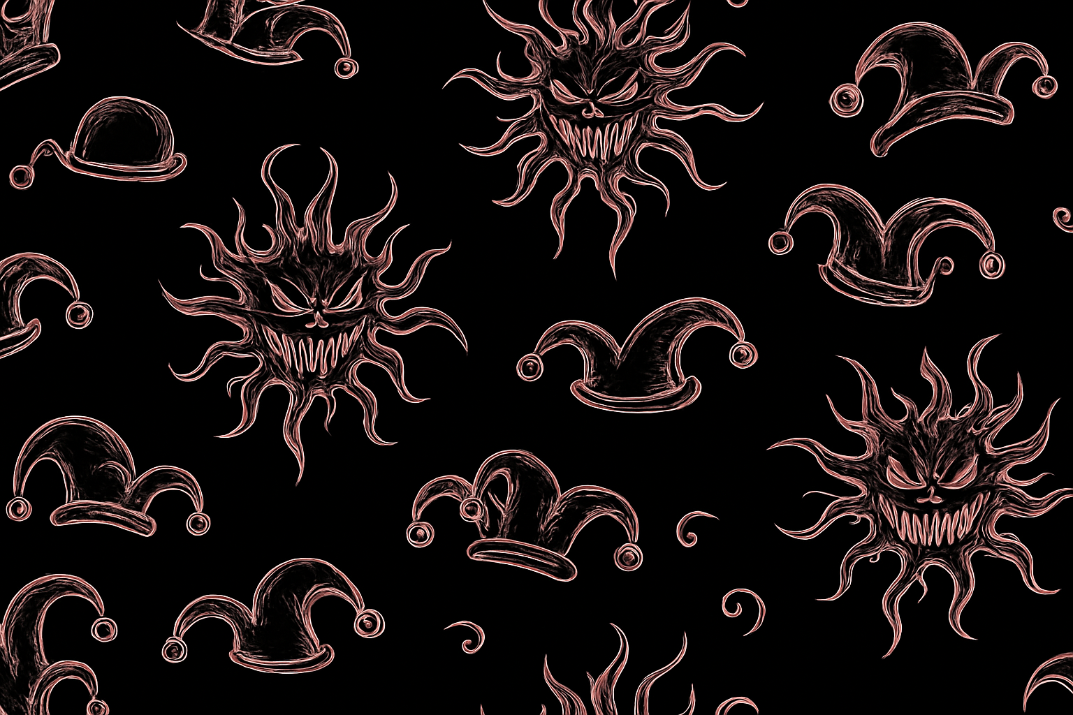solid black background with light pink sketch outlines of swirly deathmetal suns and bowler jester hat icons