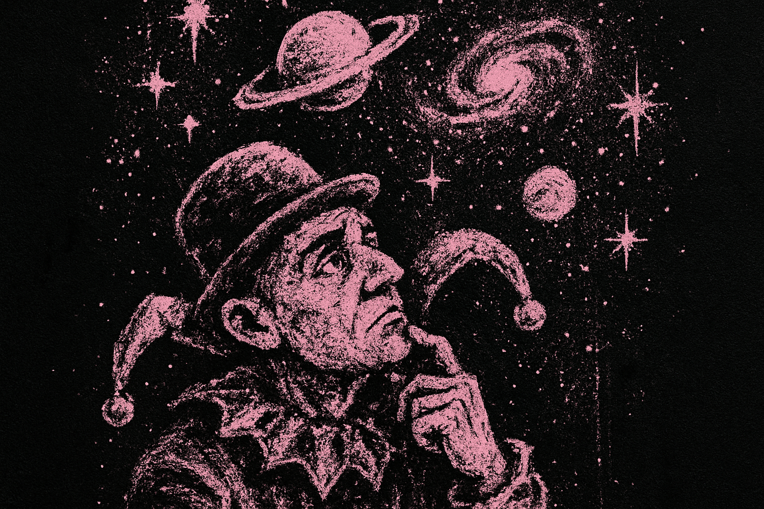mostly-black-background-with-a-light-pink-deathmetal-spraypraint-of-a-bowler-hat-jester-looking-curious-at-a-physical-universe