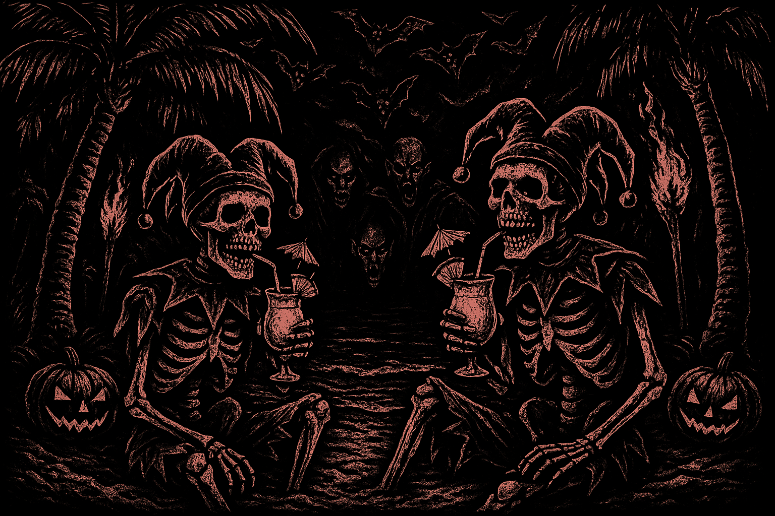 mostly black background with light pink accented deathmetal illustration of skeleton jesters wearing bowler jester hats on a beach with Pina coladas, palm trees, pumpkins, vampires, torches, and bats